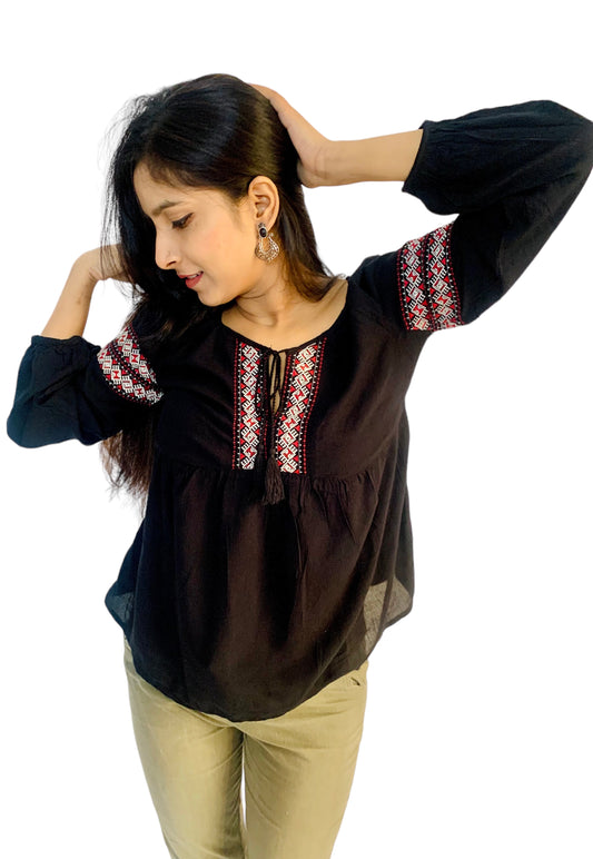 Women Black Color Raglan Sleeves Embroidered Top