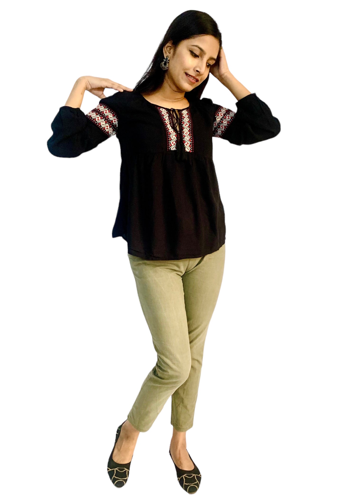 Women Black Color Raglan Sleeves Embroidered Top