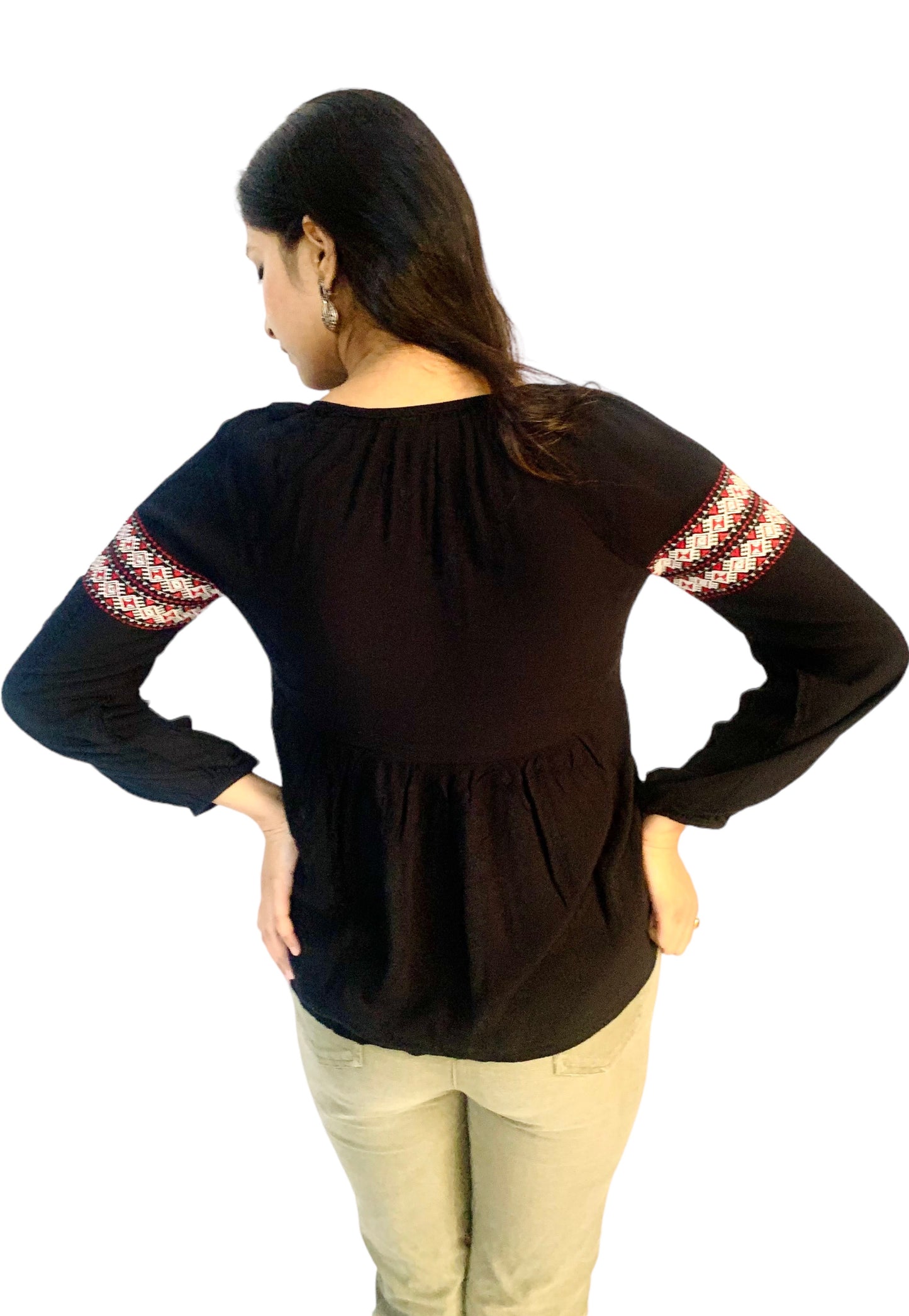 Women Black Color Raglan Sleeves Embroidered Top