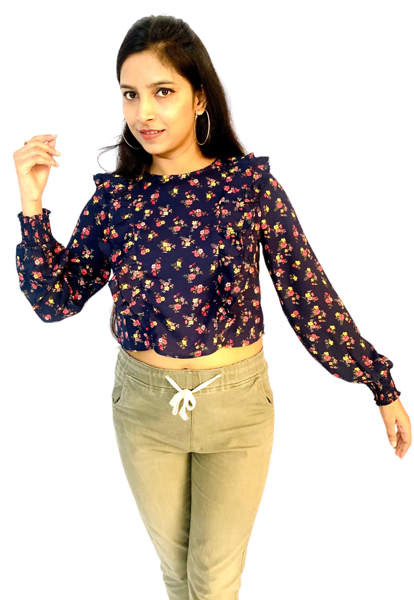 Women Navy Blue Color Printed Ruffle Style Crop Top