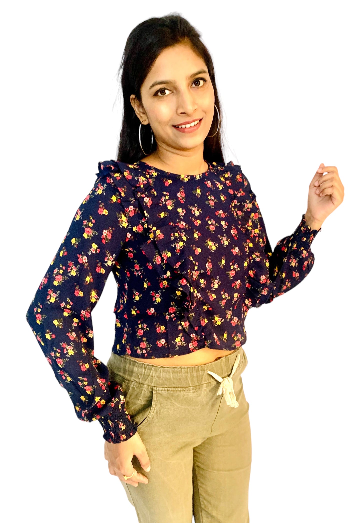 Women Navy Blue Color Printed Ruffle Style Crop Top