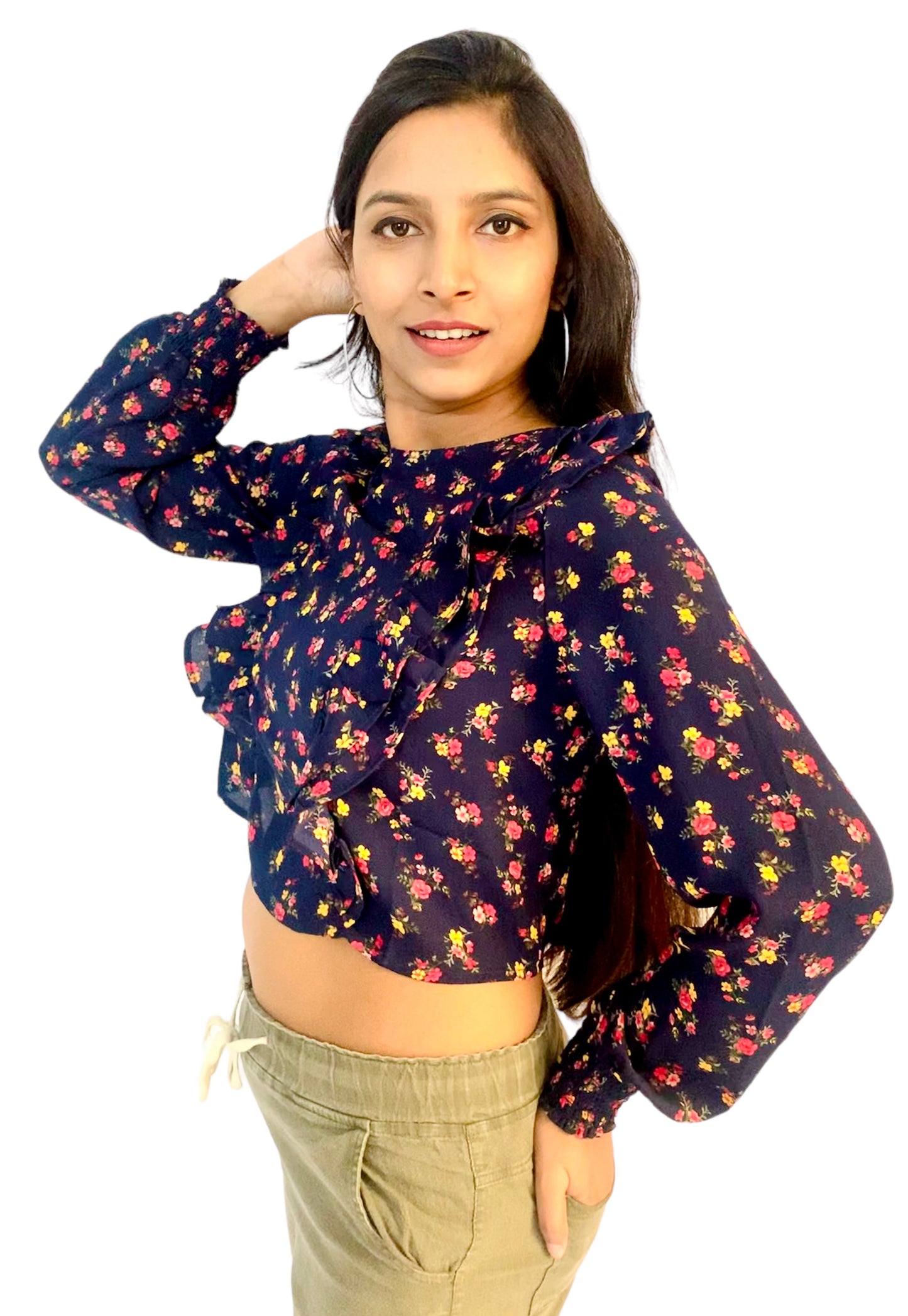 Women Navy Blue Color Printed Ruffle Style Crop Top