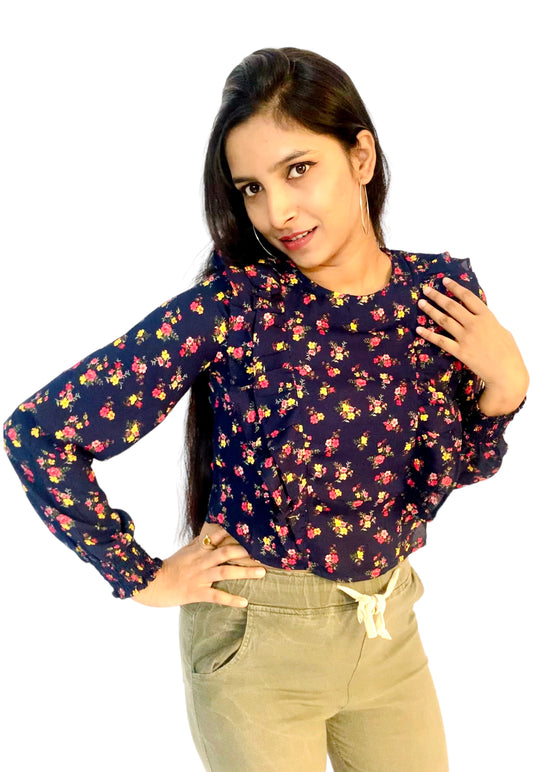 Women Navy Blue Color Printed Ruffle Style Crop Top