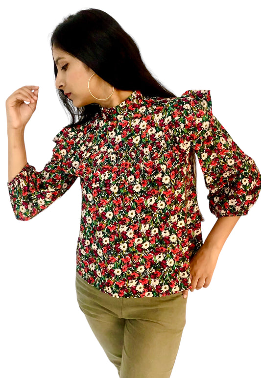 Women Multicolor Floral Printed Ruffle Yoke Top