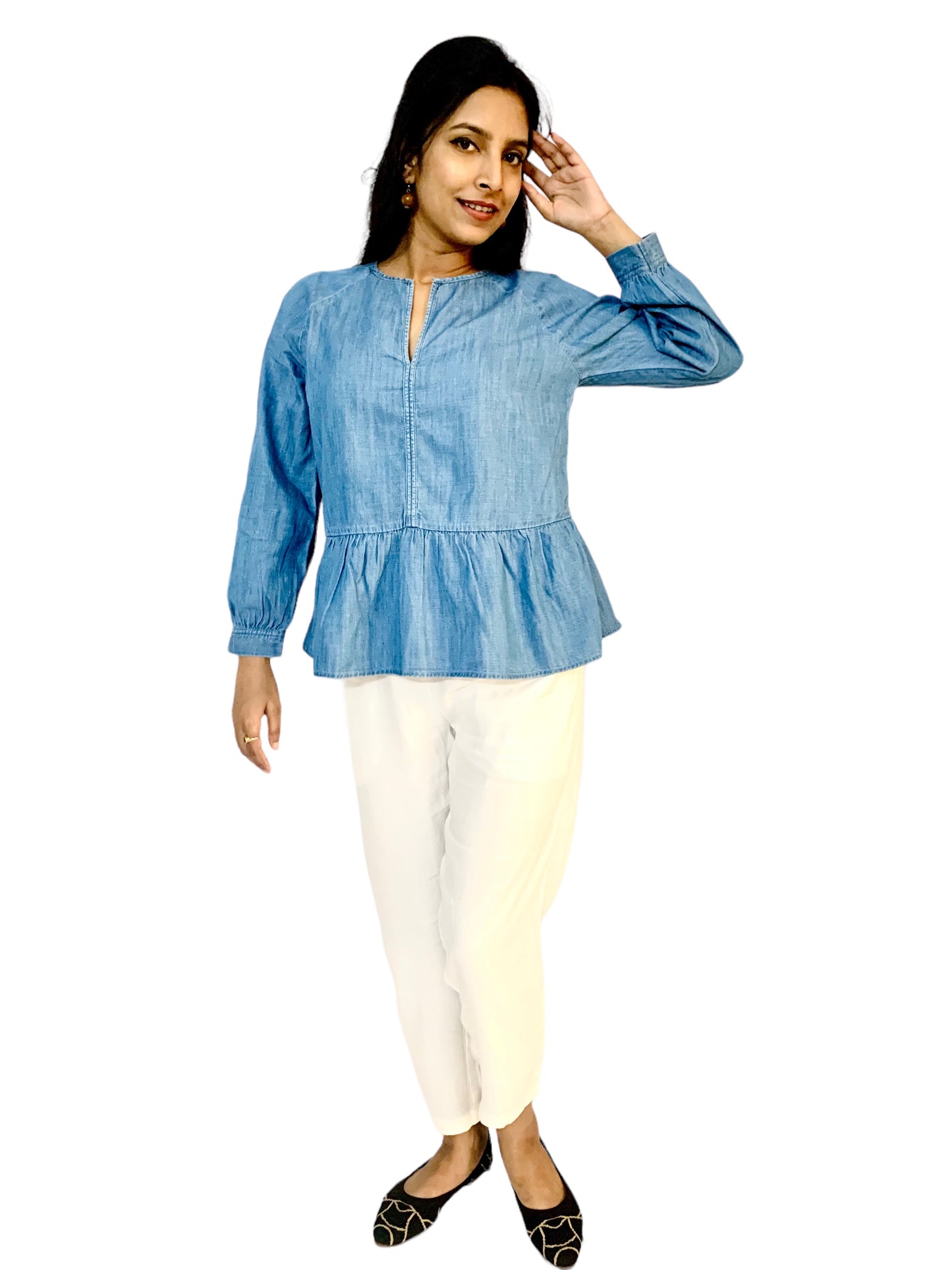 Women Blue Color Raglan Sleeves Denim Fabric Peplum Top