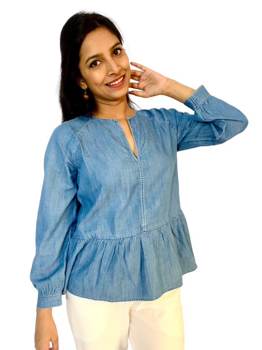 Women Blue Color Raglan Sleeves Denim Fabric Peplum Top
