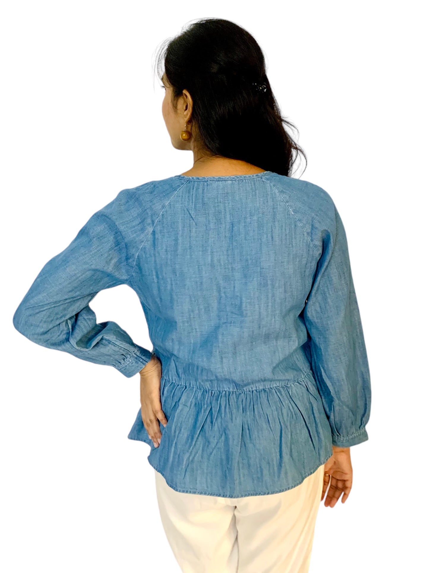 Women Blue Color Raglan Sleeves Denim Fabric Peplum Top