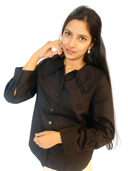Women Black Color Designer Frill Collar Neck Shirt