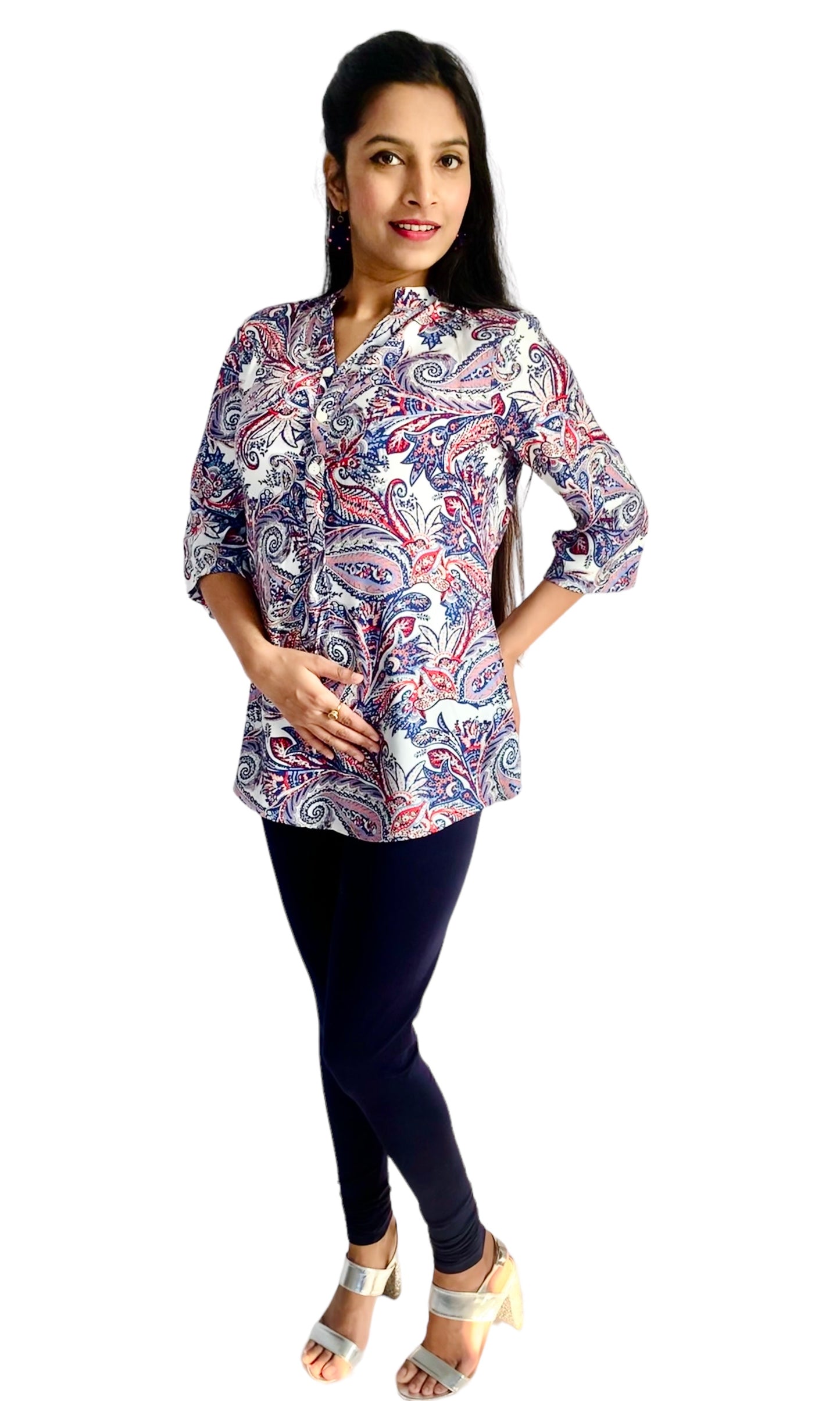 Women White Color Paisley Printed Roll Up Sleeve Tunic