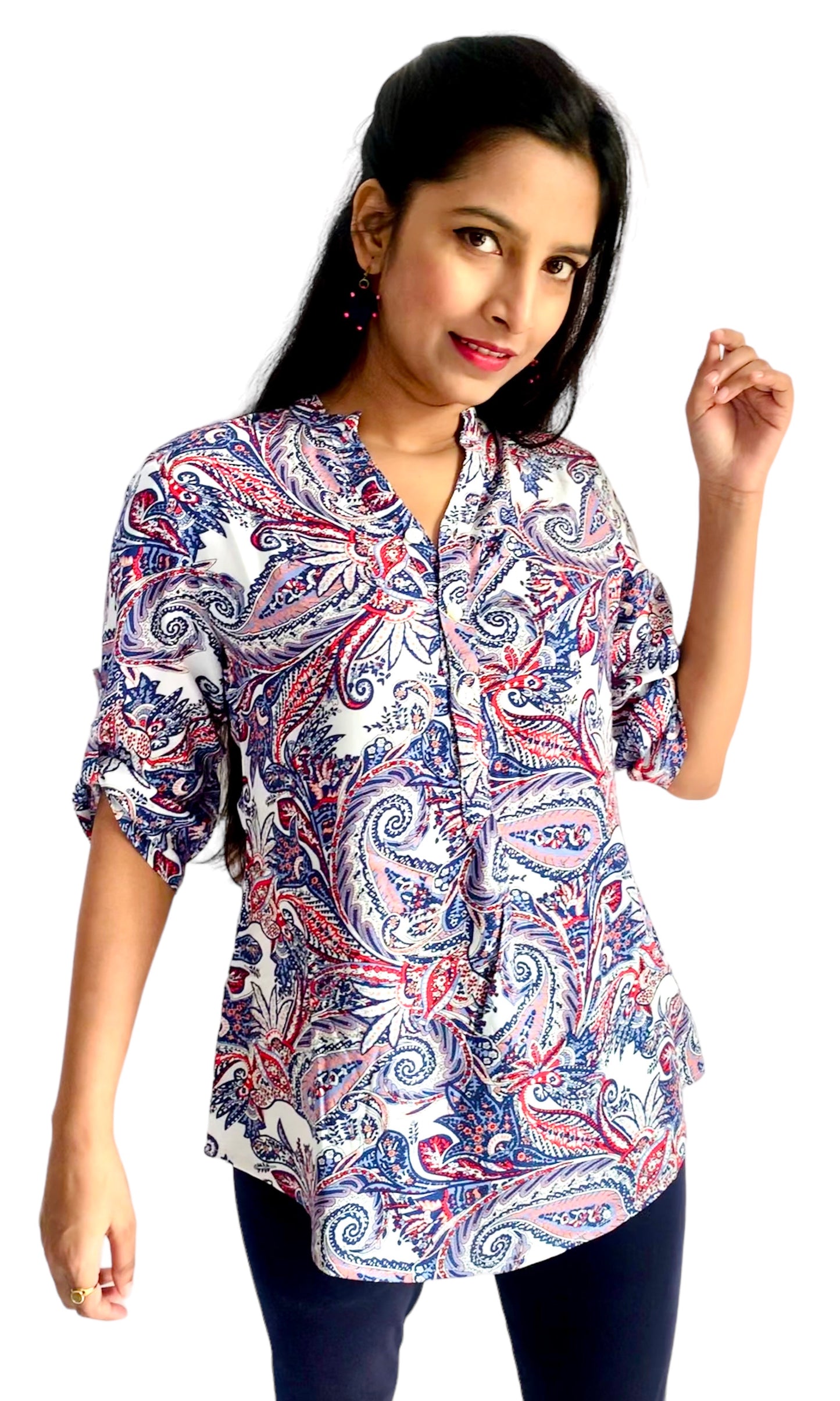 Women White Color Paisley Printed Roll Up Sleeve Tunic