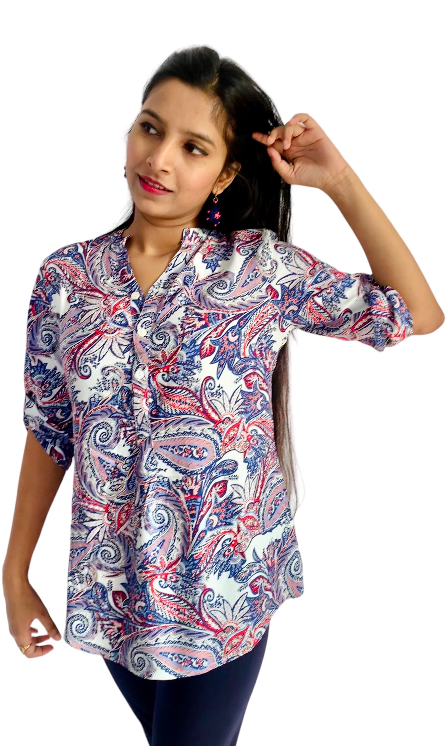 Women White Color Paisley Printed Roll Up Sleeve Tunic