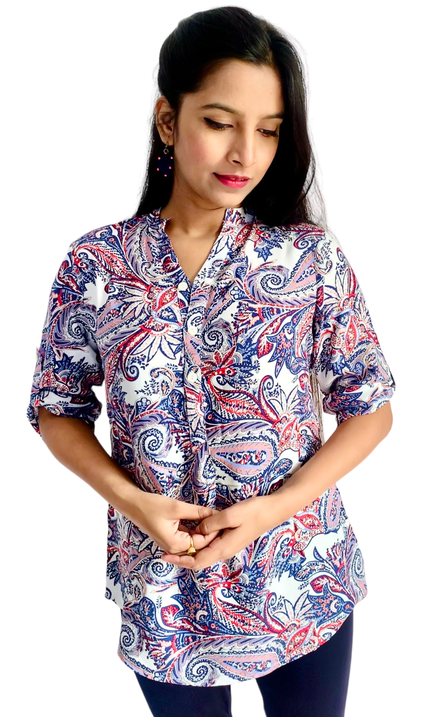 Women White Color Paisley Printed Roll Up Sleeve Tunic