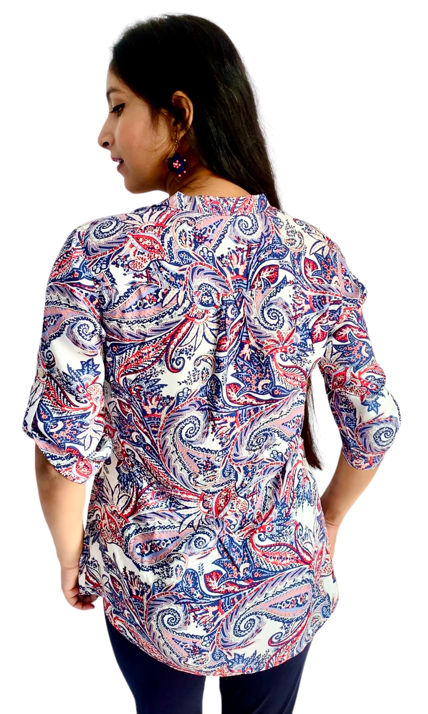 Women White Color Paisley Printed Roll Up Sleeve Tunic