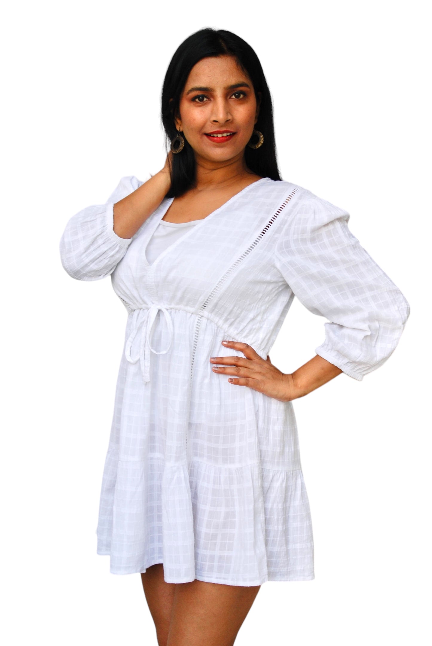 Women White Color Cotton Linen V-Neck Dress