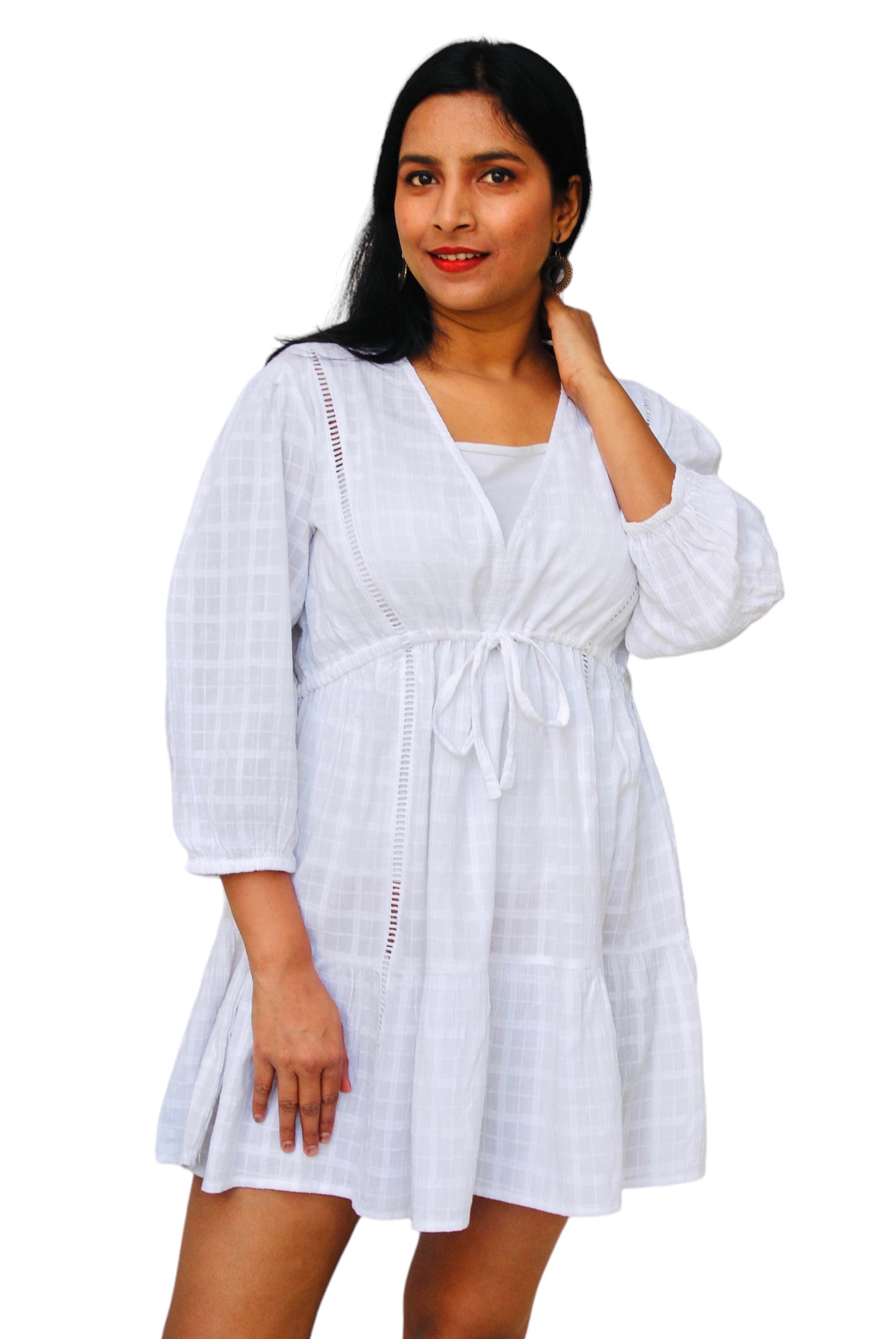 Women White Color Cotton Linen V-Neck Dress