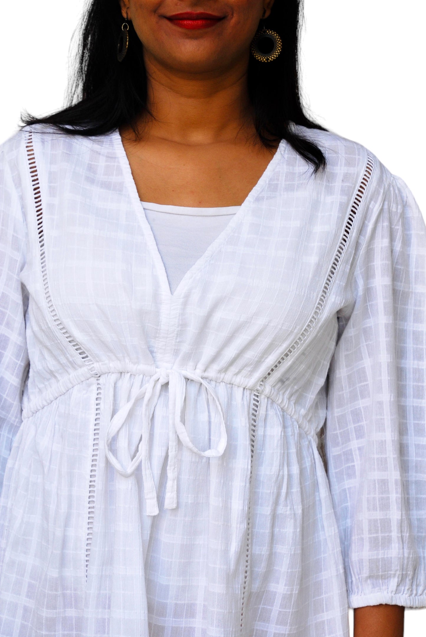 Women White Color Cotton Linen V-Neck Dress