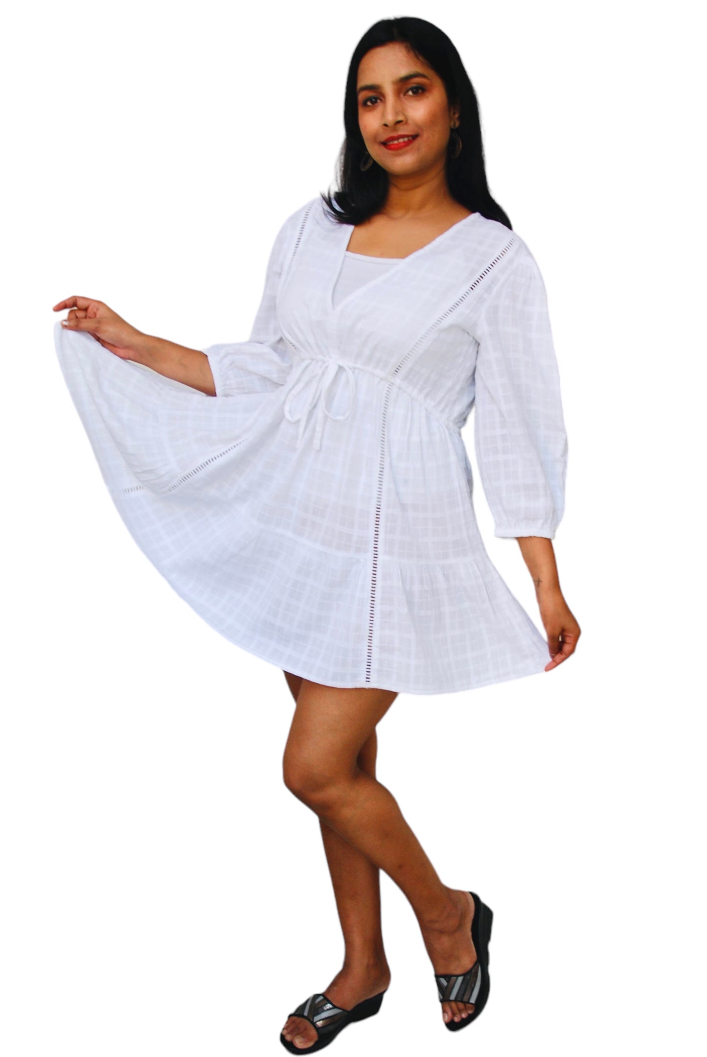 Women White Color Cotton Linen V-Neck Dress