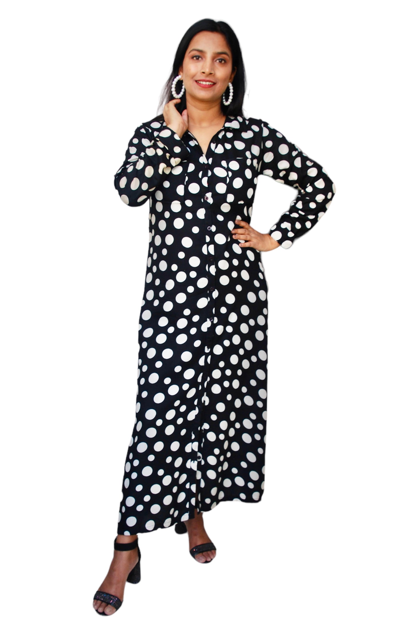 Women Black And White Color Polka Dot Shirt Dress