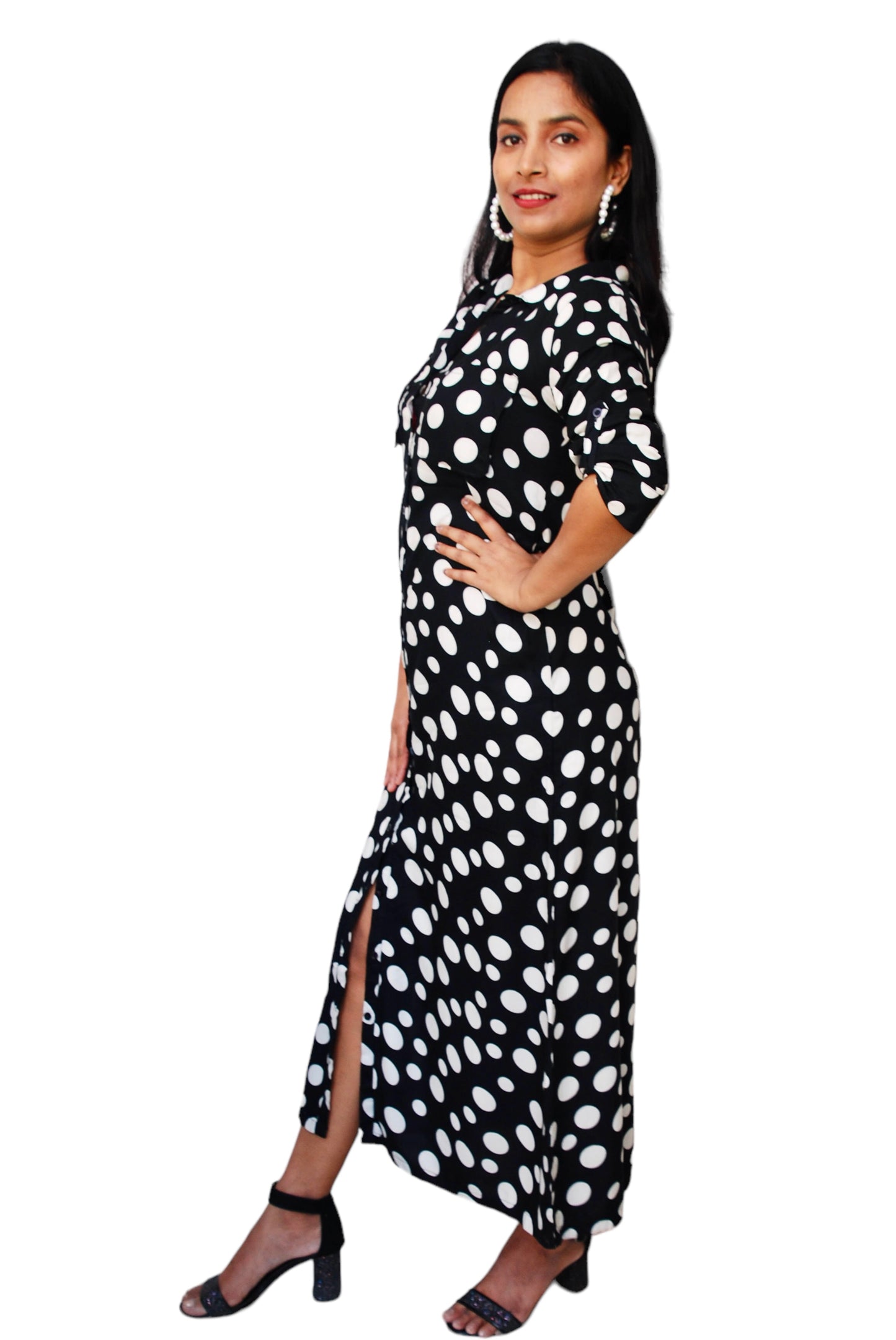 Women Black And White Color Polka Dot Shirt Dress