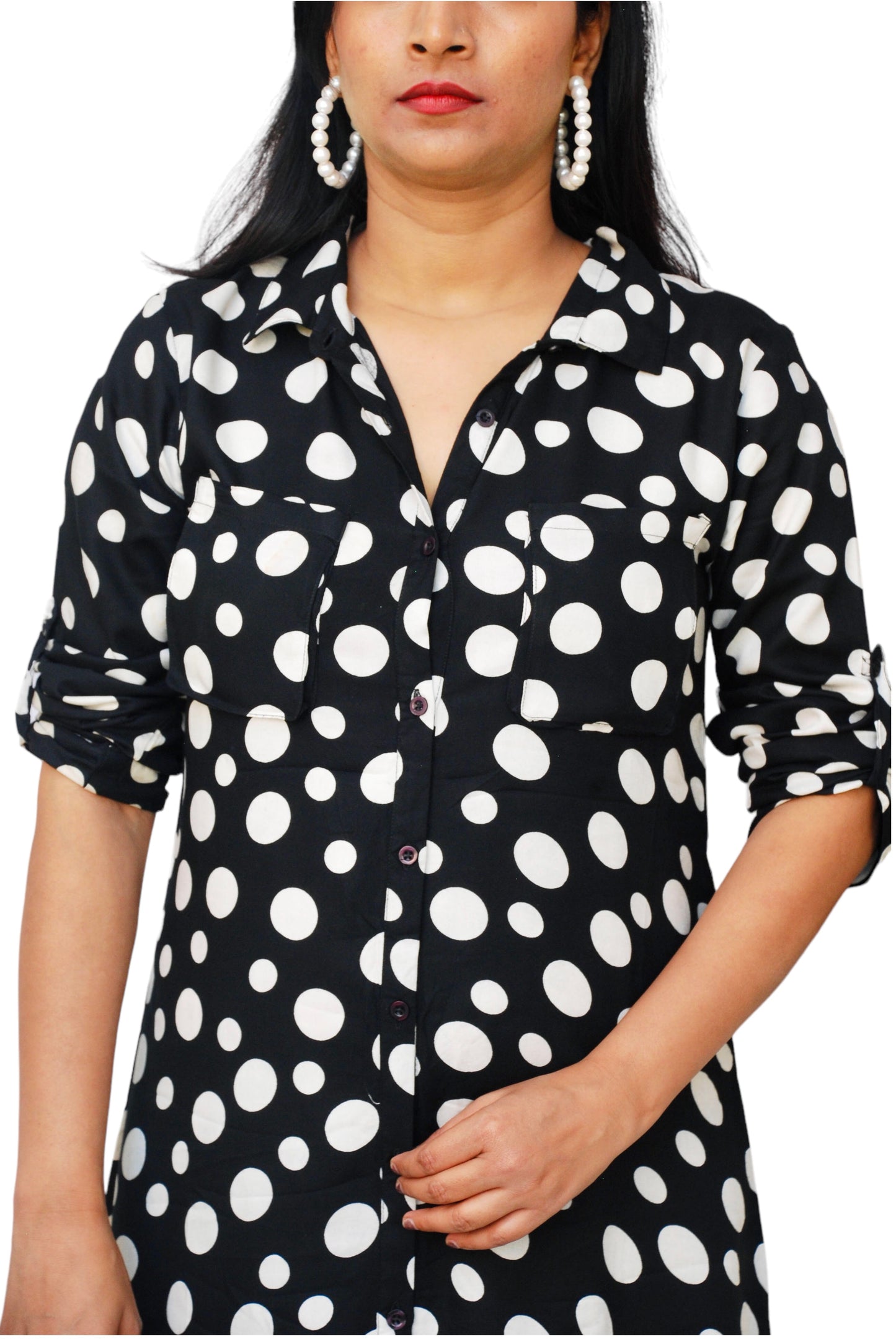 Women Black And White Color Polka Dot Shirt Dress