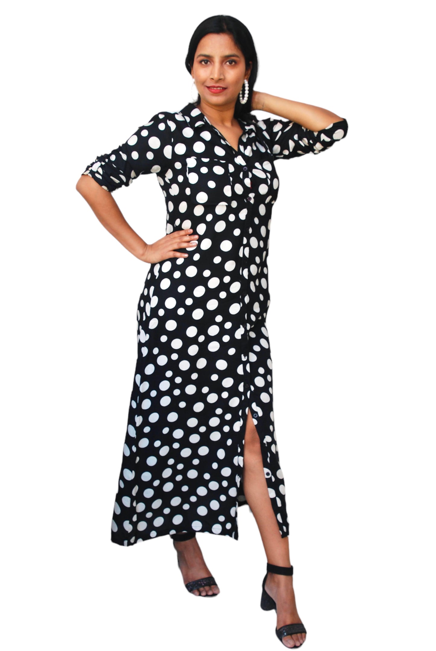 Women Black And White Color Polka Dot Shirt Dress