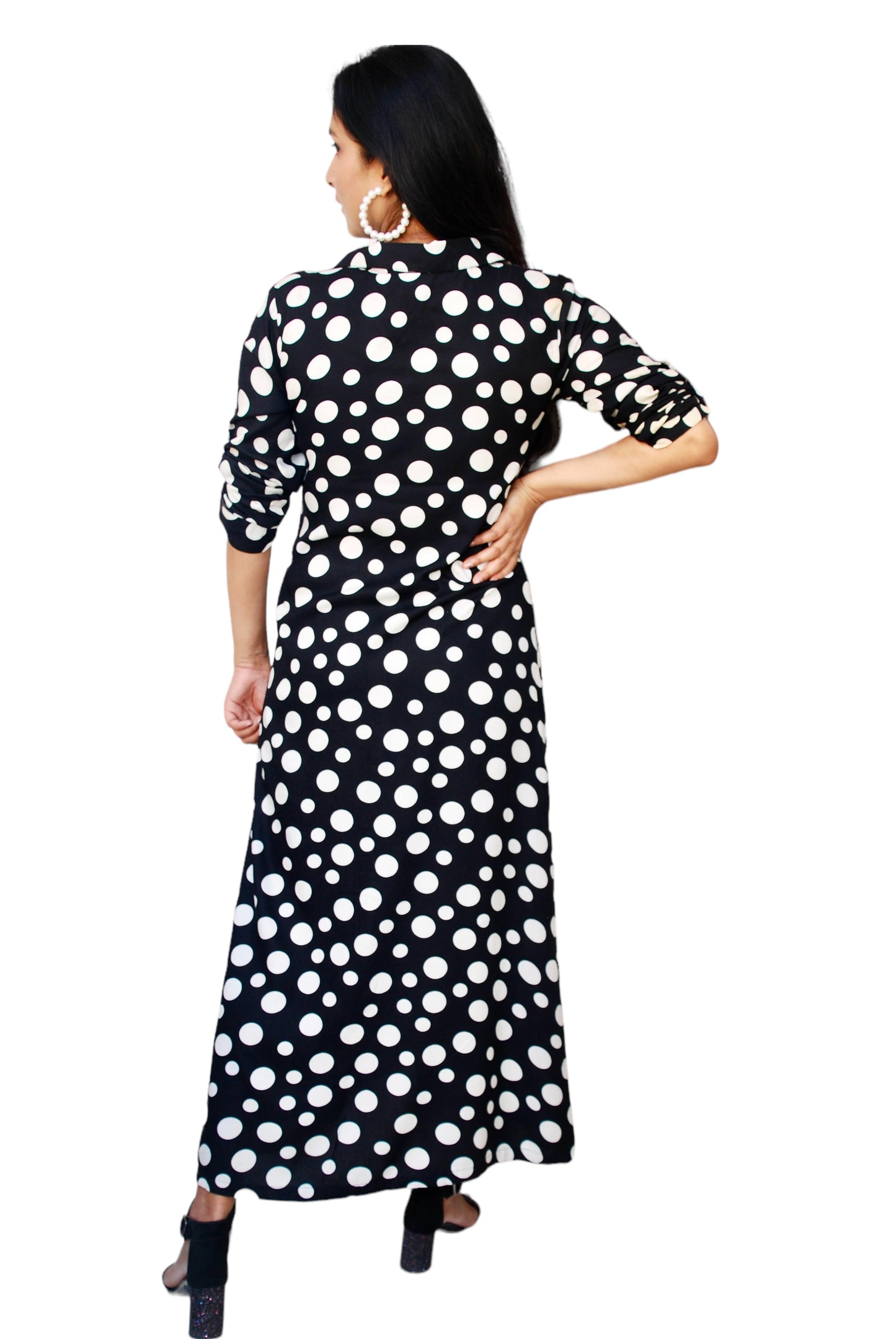 Women Black And White Color Polka Dot Shirt Dress