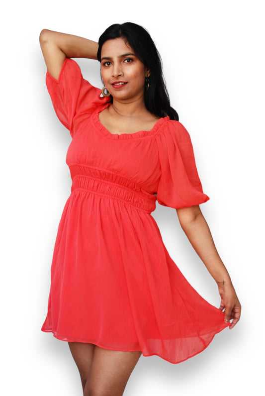 Women Coral Color Fit And Flare Dress