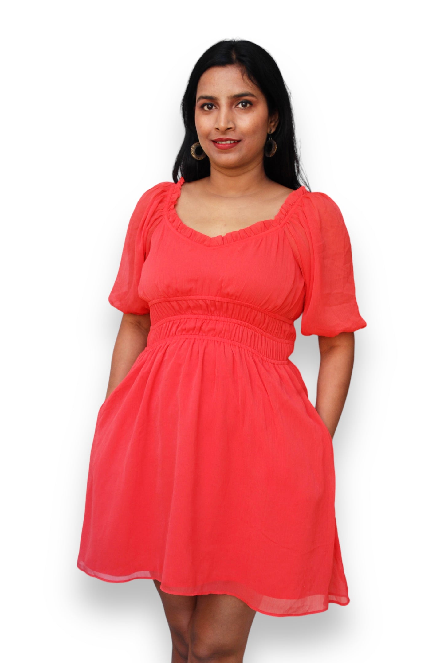 Women Coral Color Fit And Flare Dress