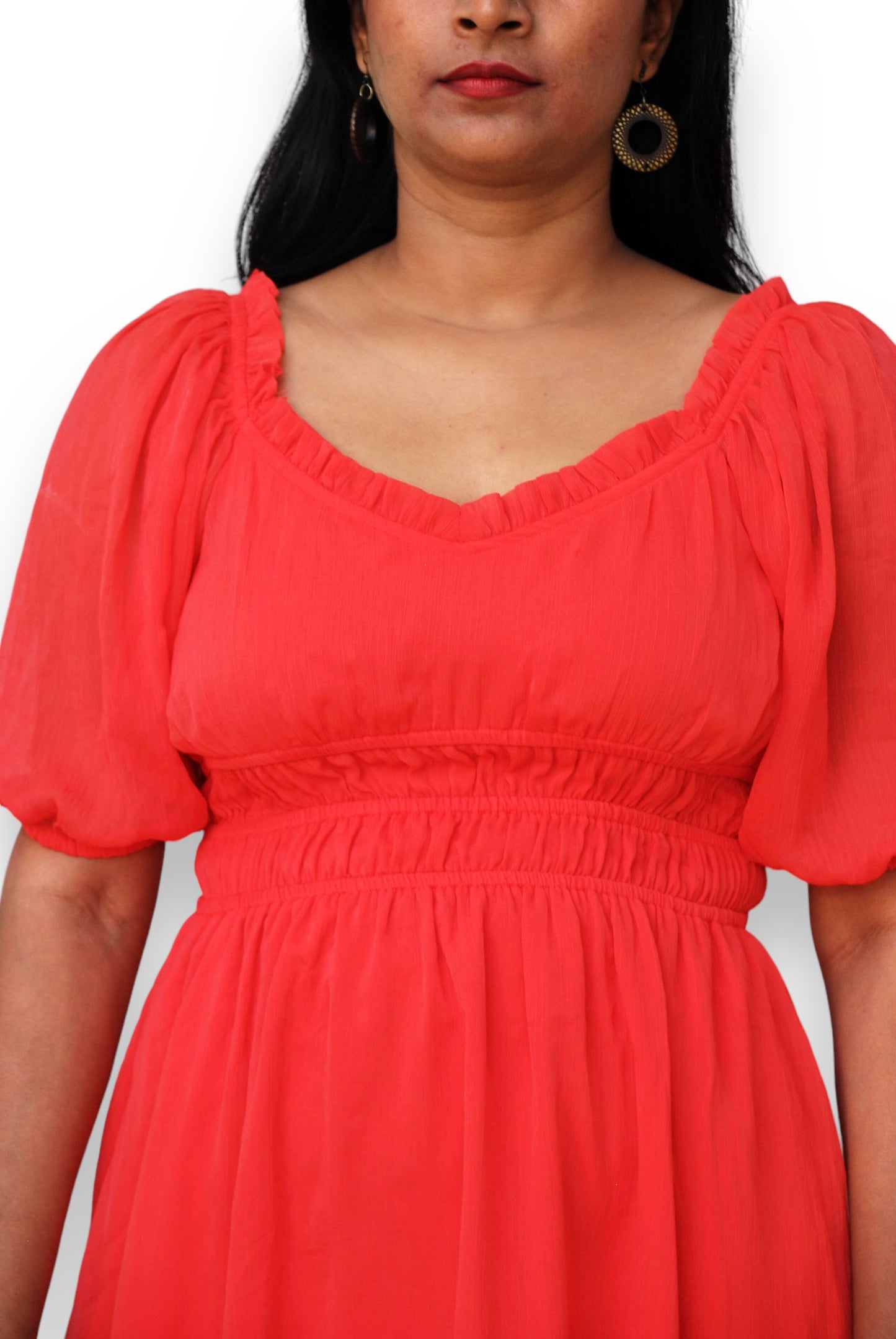 Women Coral Color Fit And Flare Dress