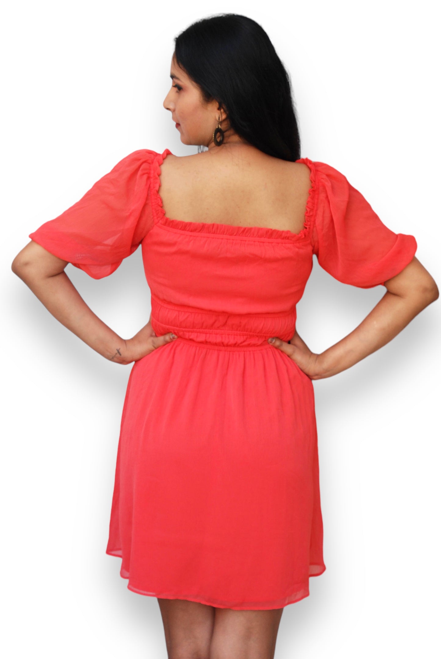 Women Coral Color Fit And Flare Dress